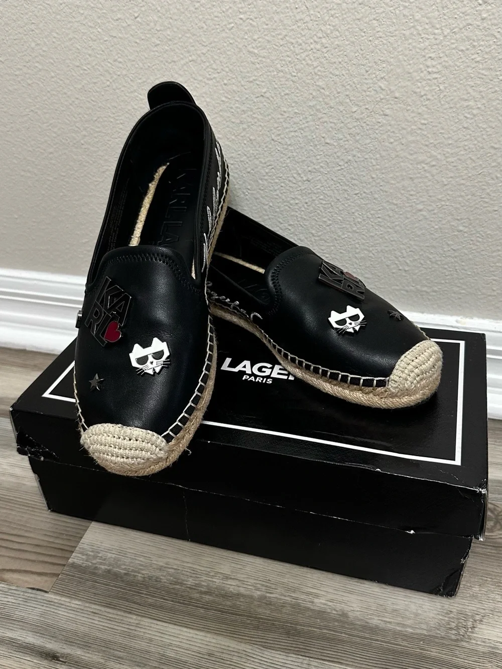 Karl Lagerfeld- Michaela leather pin slip-on flat espadrille